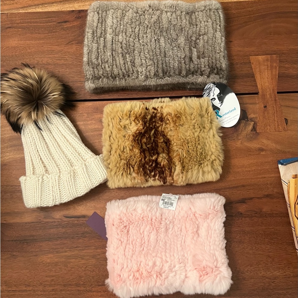 Winter Bundle 3 fur gaitors, pink, beige & grey, cashmere & raccoon Pom Pom  hat